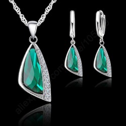 PATICO New Charming 925 Sterling Silver Austrain Crystal Pendant Necklace Hoop Earring Set Geometric Crystal Jewelry Set