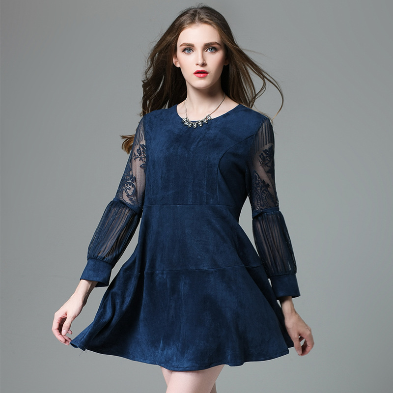 Plus Size Suede Dress Women Style Lace Sleeve Tunics Spliced Flared A ...
