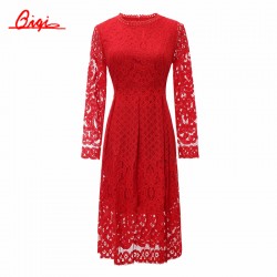 Qiqi Vestidos New 2016 Autumn Fashion Hollow Out White Party Lace Dress High Quality Women Long Sleeve Slim Casual Dresses