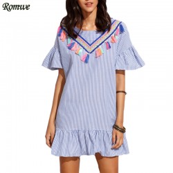 ROMWE Ladies Summer Vintage Shift Dresses Women Blue Vertical Striped Drop Waist Ruffle Dress With Embroidered Tape Detail