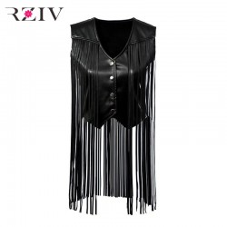 RZIV 2016  woman vest spring fashion vest pure black fringed leather vest