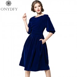 Runway Dresses 2017 Spring Summer Blue Red Velvet Dress Women Half Sleeve Vintage Priness Pleated Dresses Party Vestidos