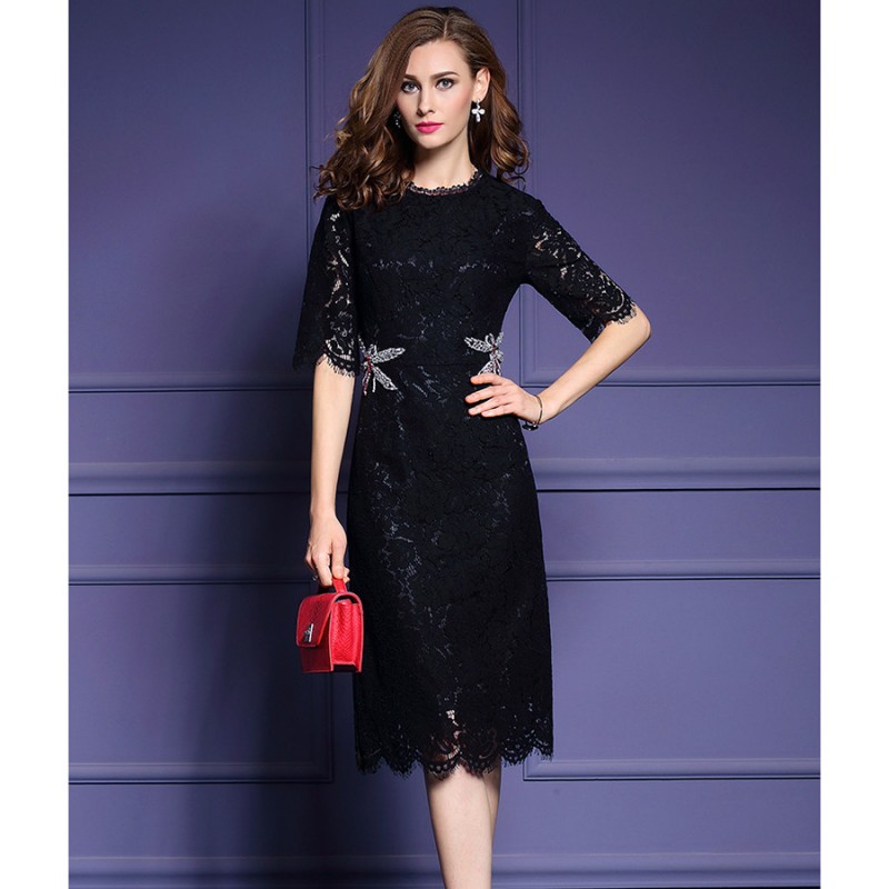 Runway Dresses 2017 Women High Quality Black Lace Sheath Dress Summer ...