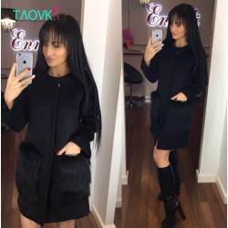 Russian famous TaoVK fashion 2016 women long section coat Black Faux Fur Pocket O-neck wool coat