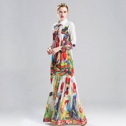 S-4XL 2017 new nice nice elegant print designer turn down collar long sleeve maix long bohemia full women's dresses vestido