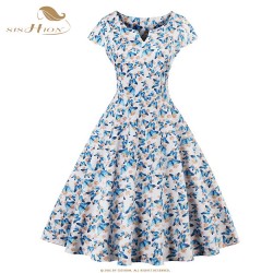 SISHION Summer Dress S-4XL Plus Size Women Cap Sleeve Blue White Black Polka Dot Floral Print Retro Swing Vintage Dress VD0414