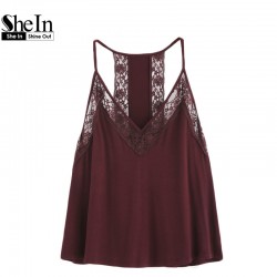 SheIn Clothes Women Tank Tops Women Sleeveless V Neck Sexy Top Women Spaghetti Strap Burgundy Contrast Lace Cami Top