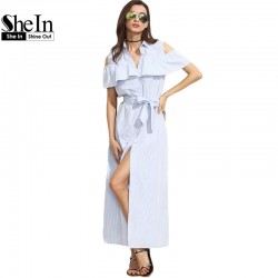 SheIn New Women Long Dresses Summer Ladies Blue Striped Lapel Short Sleeve Cold Shoulder Ruffle Tie Waist Maxi Dress