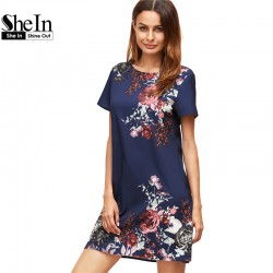 SheIn Summer Dresses Casual Womens Boho Dresses New Arrival 2017 Royal Blue Aztec Print Short Sleeve Floral Shift Dress