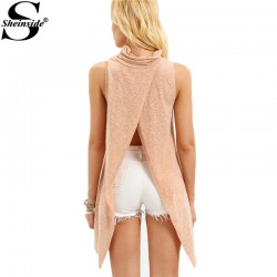 Sheinside Apricot Sleeveless High Neck Split Back Tops Women New Fashion Clothing Summer Vogue Plain T-shirt 