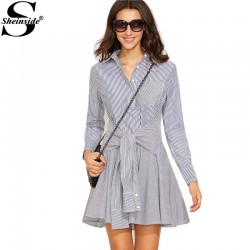 Sheinside Ladies Navy and White Striped Sleeve Tie A Line Shirt Dress Fall Lapel Long Sleeve Short Swing Dress