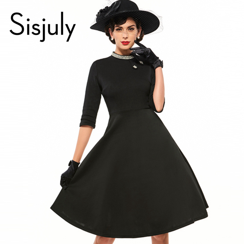 Sisjuly Vintage Dress Women Solid Black Party Dresses 2017 Spring ...