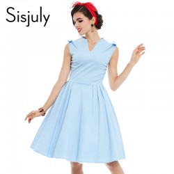 Sisjuly women vintage dress summer elegant 1950s retro sleeveless dresses party style blue A-Line 50s V-Neck vintage dress 2017