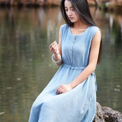Sleeveless O-neck Solid White Linen Women Dress Mori girl Casual Midi Long Summer Dress Linen Design Brand New Vestidos B094