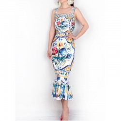 Spaghetti Strap Dress 2016 Luxury Blue and White Porcelain Print Casual Trumpet Sheath Mid-Calf Square Collar New Arrival Dress