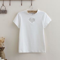 Summer Women Sweet Cute Love Shap Heart Hollow out Chest Sexy T-shirt Gauze Solid Candy Colors Cotton Short sleeve Slim Shirt