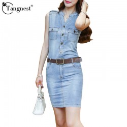 TANGNEST Summer New Fashion 2016 Sleeveless Denim Dress Slim Package Hip  Solid Top Sales Jeans Women Casual Lady Dress WQW1879