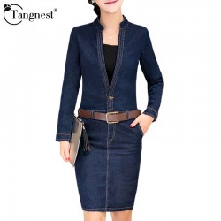 TANGNEST Women Denim Dress 2017 Spring Autumn Fashion OL Business Office V-neck Long Sleeve Jean Pencil Dresses WQL3940