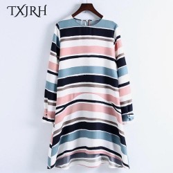 TXJRH Brief Geometric Striped Contrast Color O-Neck Loose A-Line Mini Dress Casual Fashion Women Long Sleeve Vestidos Q17-03-30