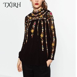 TXJRH Vintage ZA Colorful Floral Print Embroidery Back Button Chiffon T-Shirt Street Women Stand Collar Pullover Long Sleeve Top