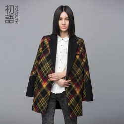 Toyouth Winter Wool Coat Women Loose Medium Blazers Style H Type Plaid Square Collar Blends Single Breasted