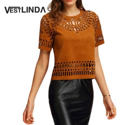 VESTLINDA T Shirt Women Ethnic Hollow Out T-Shirt Summer Boho Faux Leather Suede Back Zipper Cut Out Short Sleeve Tshirt Top