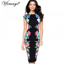 Vfemage Womens Elegant Vintage Symmetrical Floral Flower Print Cap Sleeve Summer Slimming Casual Party Pencil Sheath Dress 2845