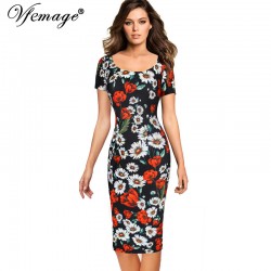 Vfemage Womens Summer Elegant Floral Printed Vintage Pinup Short Sleeve Casual Wear To Work Party Bodycon Sheath Dress 4768