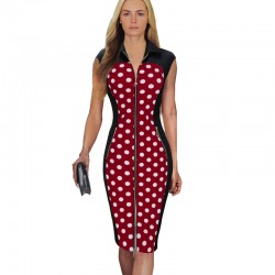 Vintage Polka Dot Elegant Summer Women Sleeveless Front Zipper Contrast  Dresses Evening Party  Bodycon Pencil Wear dress B213