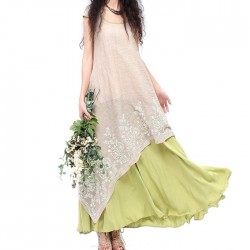 Vintage long green beige patchwork asymmetrical maxi one-piece dress for women summer bohemian boho original ethnic long dress