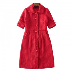 Women Dress 2017 New Spring Autumn Star Style Turn Down Collar Short Sleeve Single Breasted Tweed Dresses Work Dress SAD217