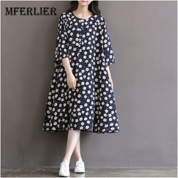 Women Dress Loose Floral Print Three Quarter Sleeve Expansion Bottom Spring Dress Size S-2XL