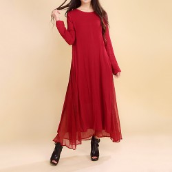 Women Dress Solid Color Red Color Plus Size 2XL Loose Cotton Linen Vintage Dress Long Sleeve Two Piece O Neck Autumn Maxi Dress