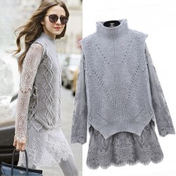 Women Grey 2 Piece Set Sweater and Lace Dress Female Vintage Rabbit/Angora Hair Knit Pullover Long Sleeves Lace Two-piece Dress