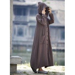 Women Long Sleeve Loose Plus Size Robe Trench Coat 2016 Solid Color Single Breasted Cardigan Vintage Hooded Maxi Trench Coat 