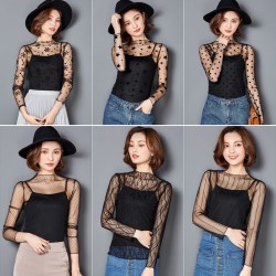 Women O-neck Sexy Transparent Mesh Lace Tee Shirts Girls Full Sleeve Tops Tees Clothing