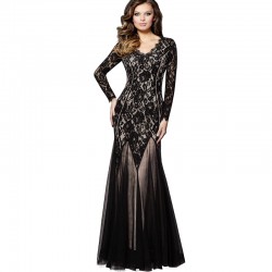 Women Vintage Patchwork Sheer Floral Lace Overlays With Mesh Details Classic Gorgeous Swing Long Maxi Evening Party Dress EA020