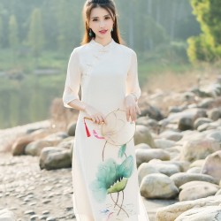 Women ethnic half sleeve mandarin collar lotus pattern dress 2018 classic chi-pao cheong-sam costumes Chinese clothing store