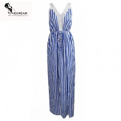 Womens Sexy strap V-neck striped lace stitchting dress FT1821 Free shipping
