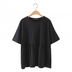 X621 women brief solid color pleated half sleeve casual t shirt ladies o neck t-shirts tee tops 
