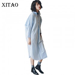 [XITAO] 2017 new spring autumn Europe fashion female temperament v-neck loose long sleeve solid color all-match dress HJF026