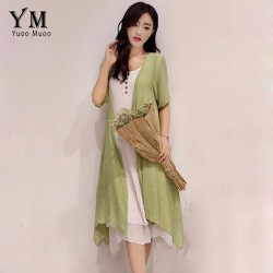 YuooMuoo 2017 New 2 Piece Set Women Summer Dress Casual Asymmetrical Korean Dress Women Clothing Long Vintage Linen Dress