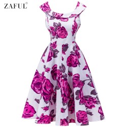 ZAFUL Brand Women Vintage Dress Pink Floral Big Size S~2XL 60s Swing Feminino Vestidos O Neck Sleeveless Party Rockabilly Dress