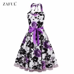 ZAFUL Women Summer Floral 60s Vintage Dress Big Size S~2XL Belts Party Swing Feminino Vestidos Halter Sleeveless Lace Hem Dress