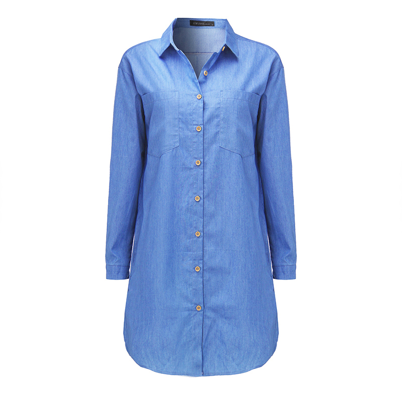 ZANZEA Women Autumn Long Sleeve Buttons Pockets Blue Denim Mini Dress ...