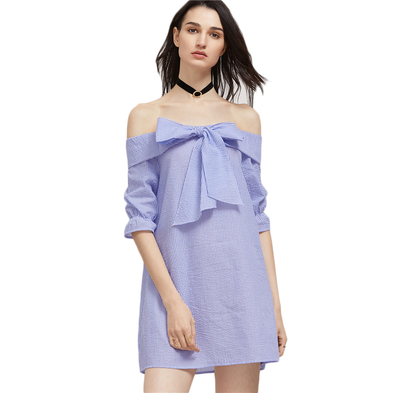 SheIn Summer Dress Blue And White Striped Bow Tie Fold Off The Shoulder ...